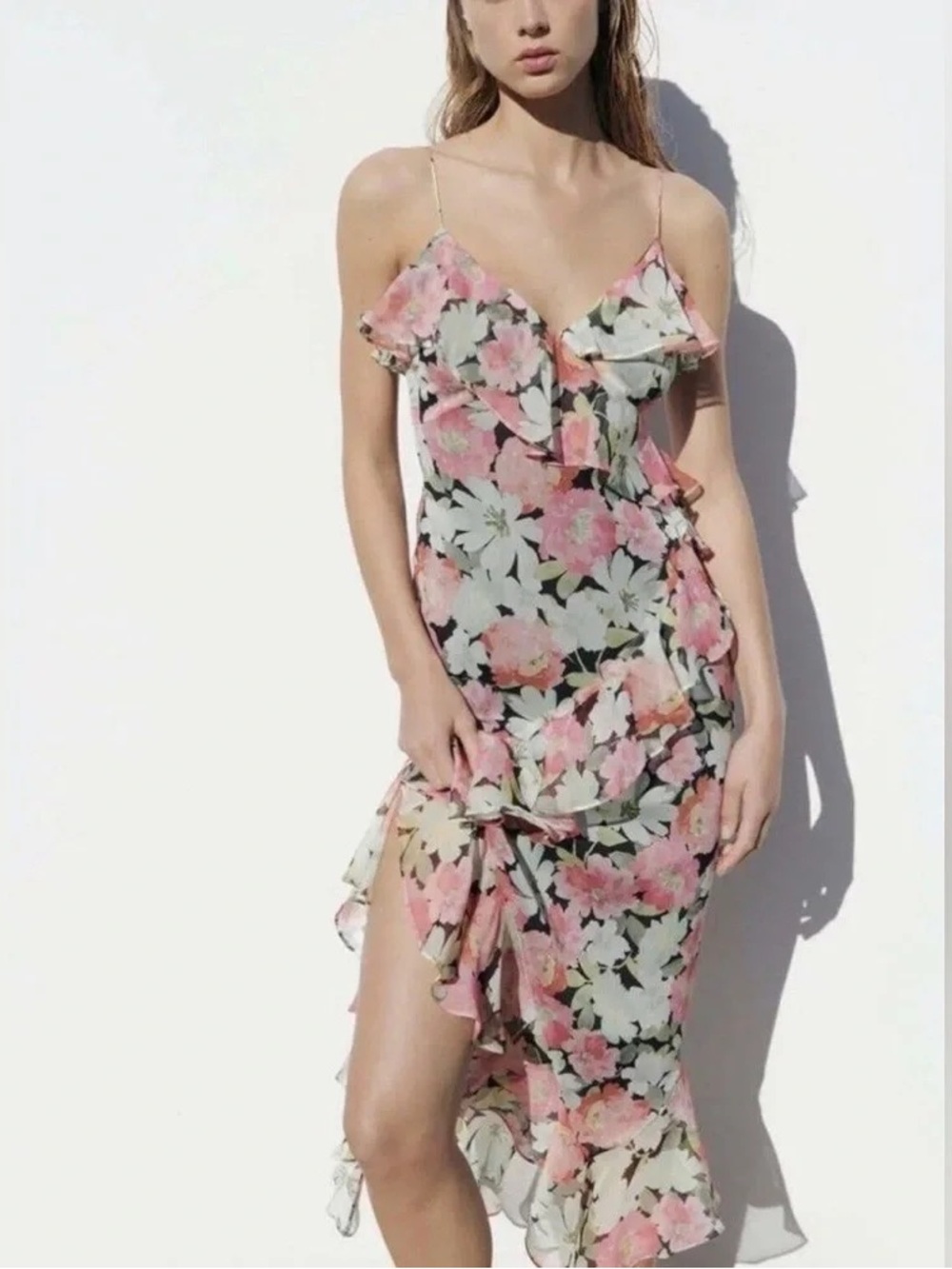 NEW ZARA Medium Floral Print Chiffon Tiered Ruffle Asymmetrical Hem Midi Dress - Picture 2 of 15